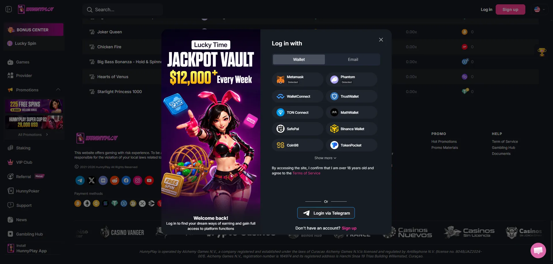 HunnyPlay Casino official website interface and login screen 2026