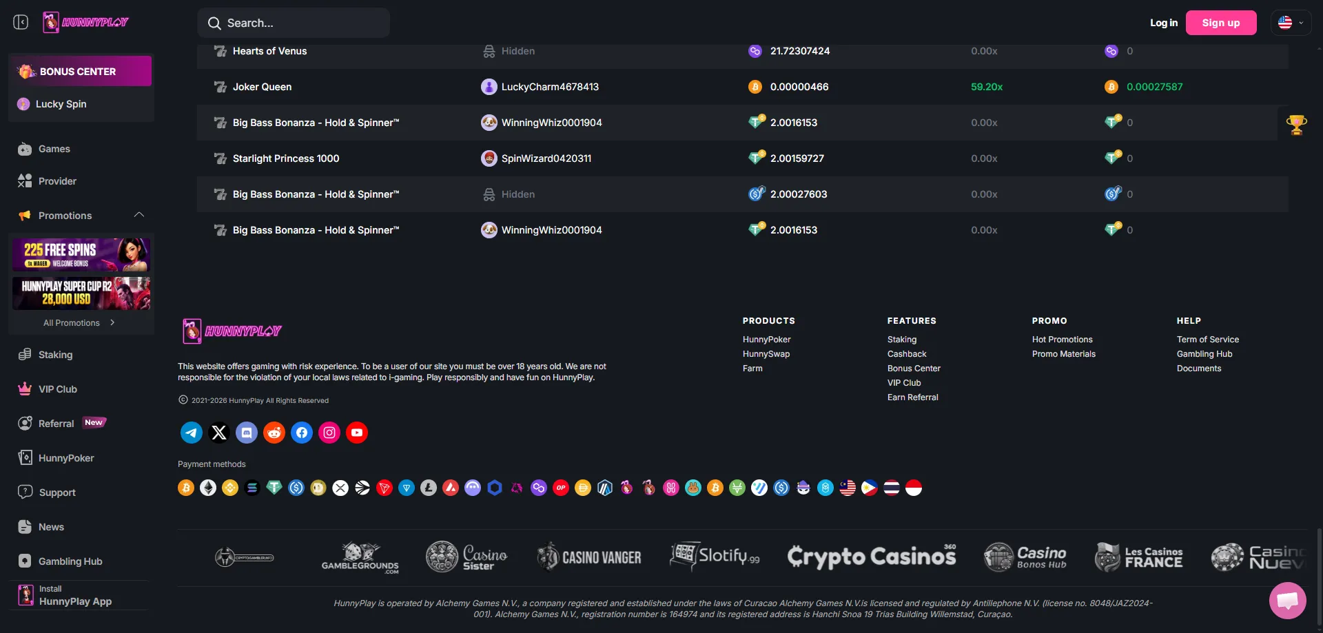 HunnyPlay Casino crypto deposit and withdrawal methods 2026