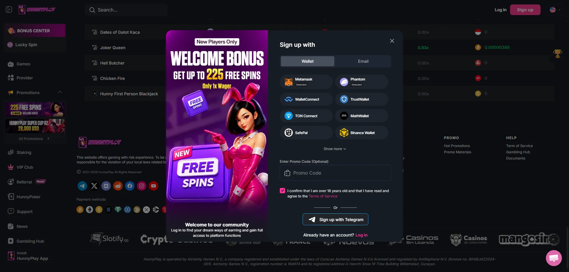 Hunnyplay Casino sign up form — basic account details step